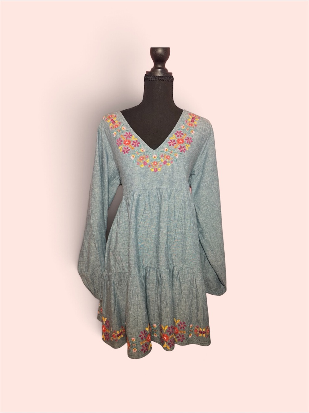 Embroidered V-Neck Long Sleeve Mini Dress in Light Teal